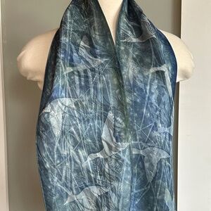 Hand Painted Silk Scarf Flying Ducks on Blue Jacquard Original Design Wildlife